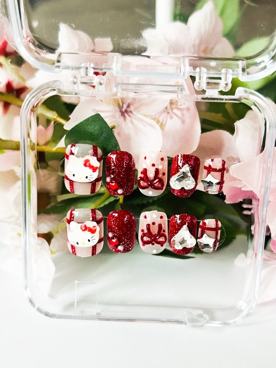Hello Kitty Other - Hello Kitty Red and White Glitter Nail Set with Rhinestones